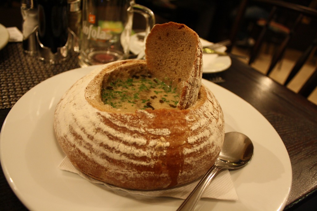 Soup in a bread bowl in Prague, Czech Republic