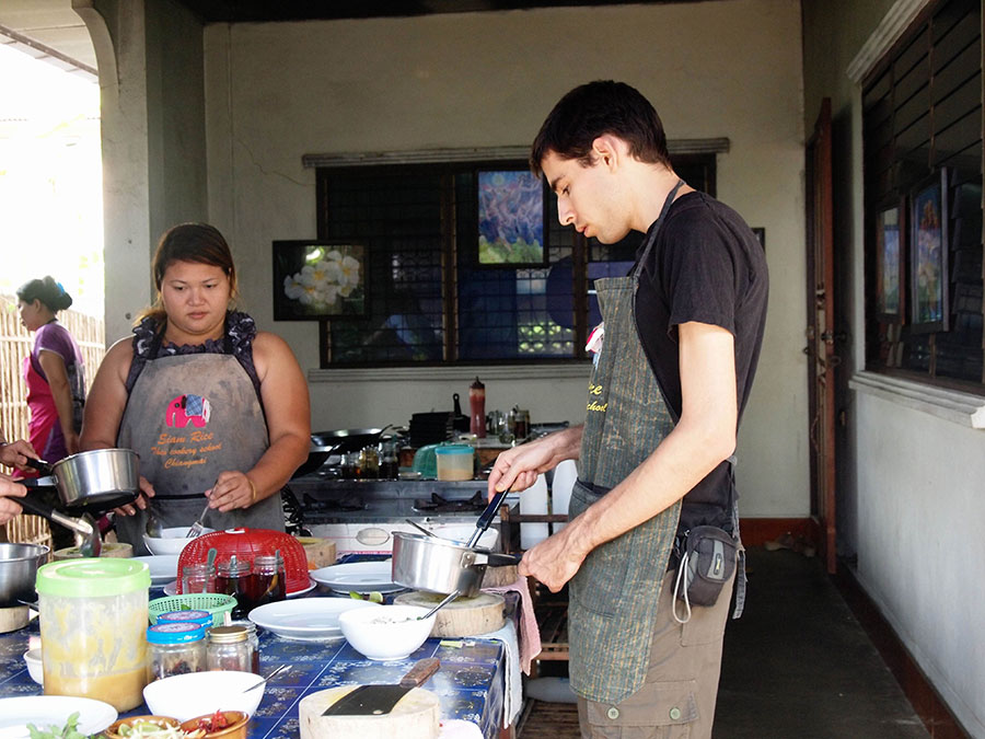Jeff cooking Thai food at Siam Rice Cooking School in Chiang Mai.