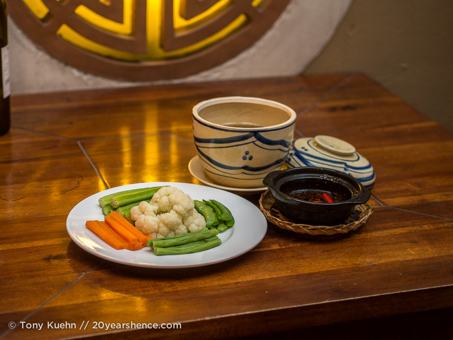 Steamed vegetables served with a caramelized fish sauce and minced pork dipping sauce