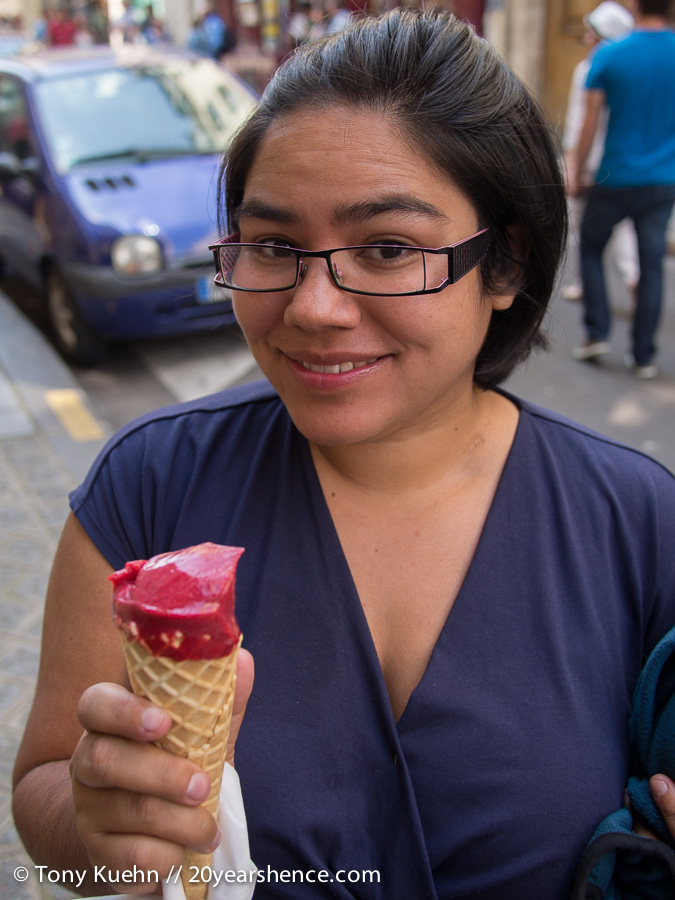 Steph with Raspberry Ice Cream in Paris